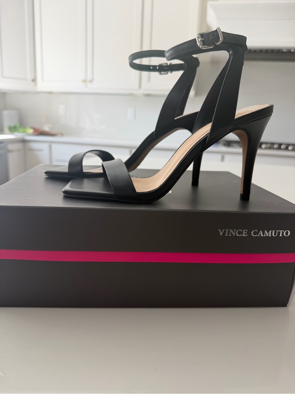 New in box. Vince Camuto Saprenda 2 Black Nappa Leather Ankle Strap Heels Size 7
